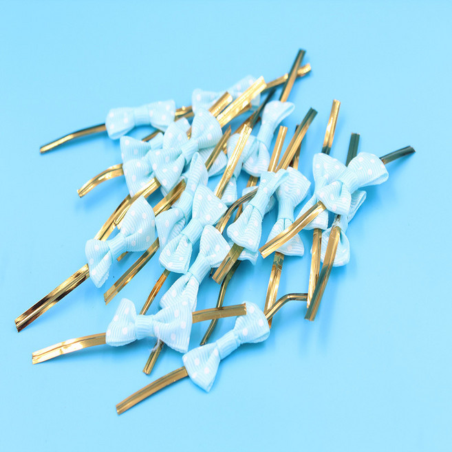 蝴蝶結金線緞帶扎絲 緞帶扎絲 蝴蝶結封口鐵絲 魔帶 鐵線扎絲 蝴蝶結鐵線扎絲 金線 鐵線, 1個, 藍色點點金線, 藍色