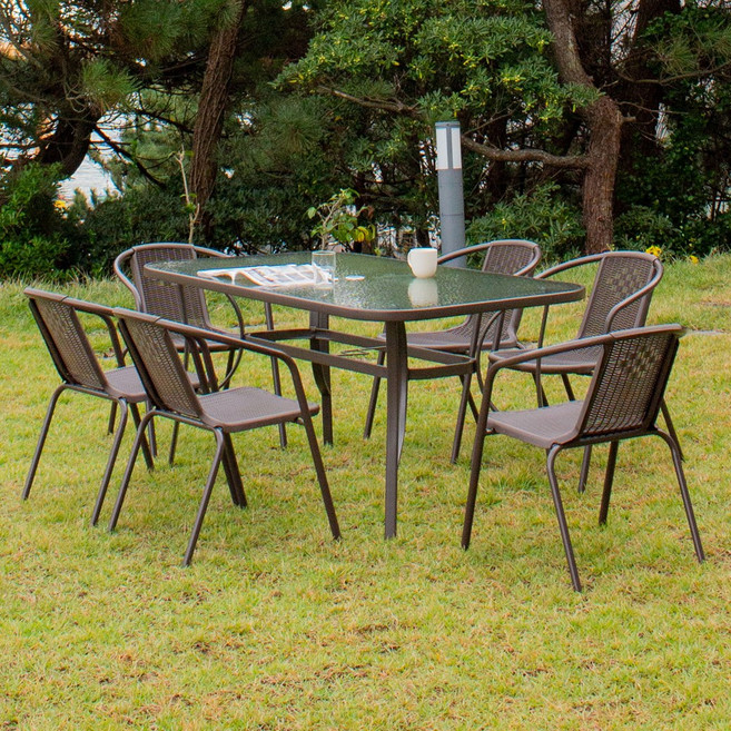 [체어팩토리] 마누카 사각 6인 야외용 테이블 의자 세트 테라스 마당 정원 펜션, 브라운