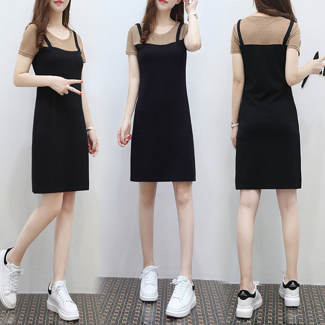 반팔 미디 원피스 멜빵 스커트 레이어드핏 원피스 여름 여성 롱 티 데일리 슬림 티셔츠 홈웨어 WAWAMIYA