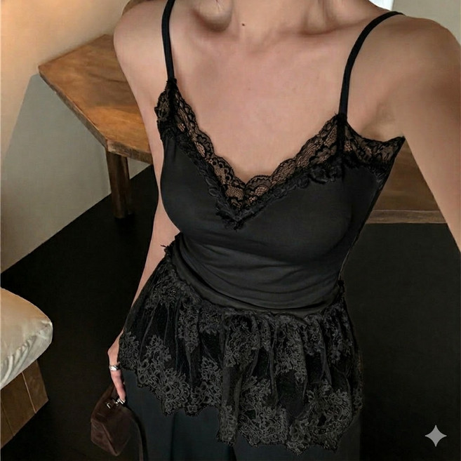 러우 여성 캡내장 레이스 나시 레이어드 프릴 뷔스티에 슬림핏 끈조절 캐미솔 3color