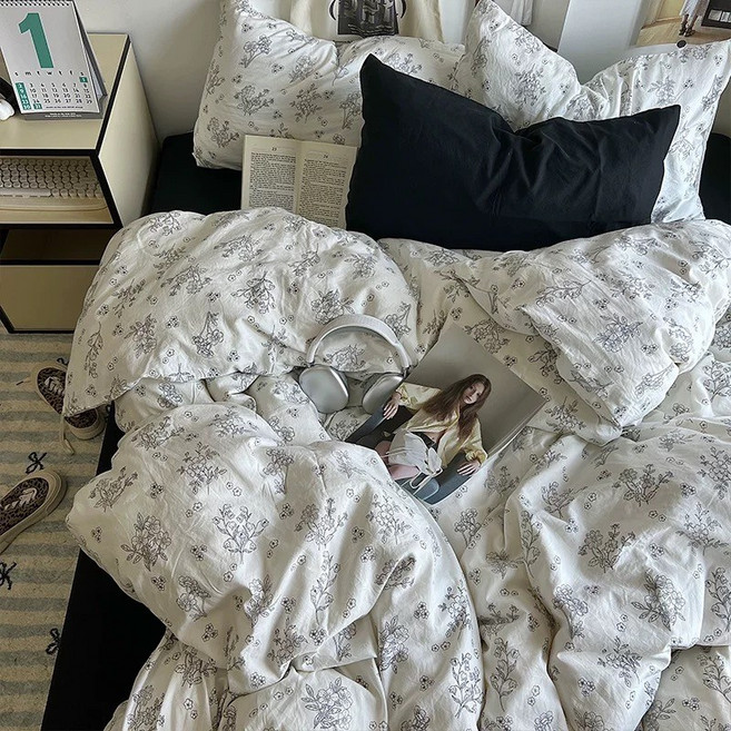 헤디야 북유럽 꽃무늬 이불커버+침대커버+베개커버 세트