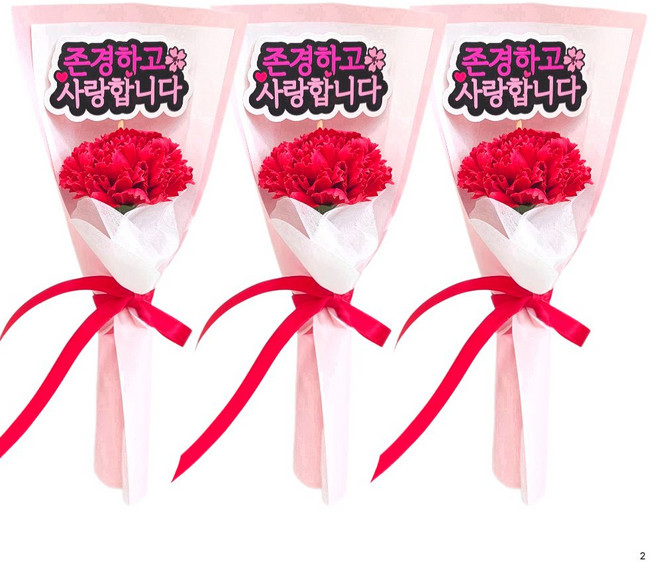 란플라워 감사사랑 토퍼 카네이션 한송이 꽃다발3P, 1개, 존경사랑 레드카네이션 한송이 3P