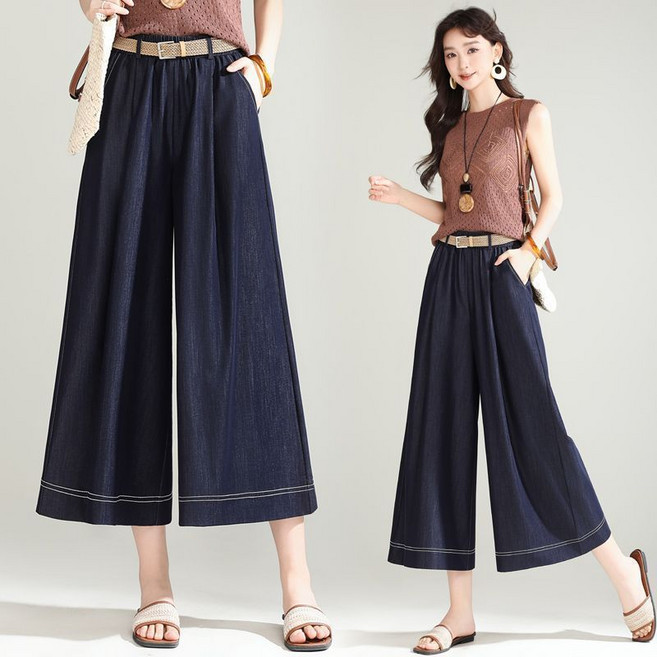 삼제태전 여성 텐셀 데님 팬츠 여름 7부 일자핏 벨트 캐주얼하고 스타일리시한