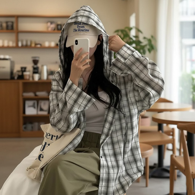 더그랜 여성 체크 후드 셔츠 루즈핏 긴팔 데일리 레이어드 후드 남방 자켓