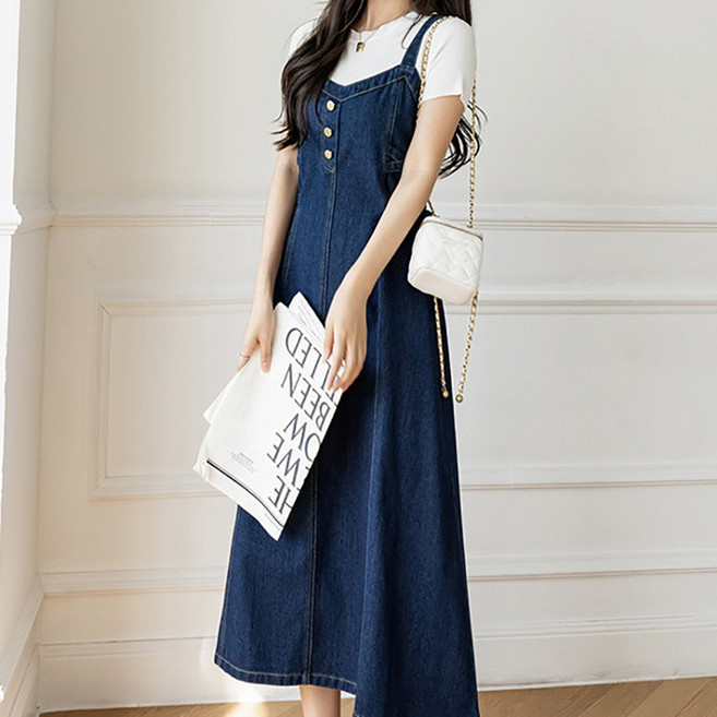 롱 뷔스티에 데님 여성 리본 멜빵 청 데일리 휴양지 나들이 원피스 스모크리본데님원피스