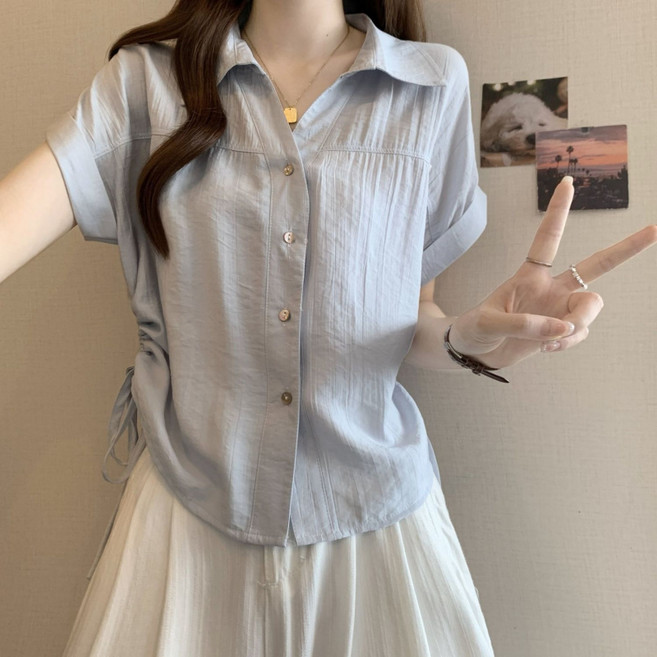 SAHINER 여성 반팔 셔츠 린넨 반소매 오픈카라 데일리 캐주얼룩 BTX77