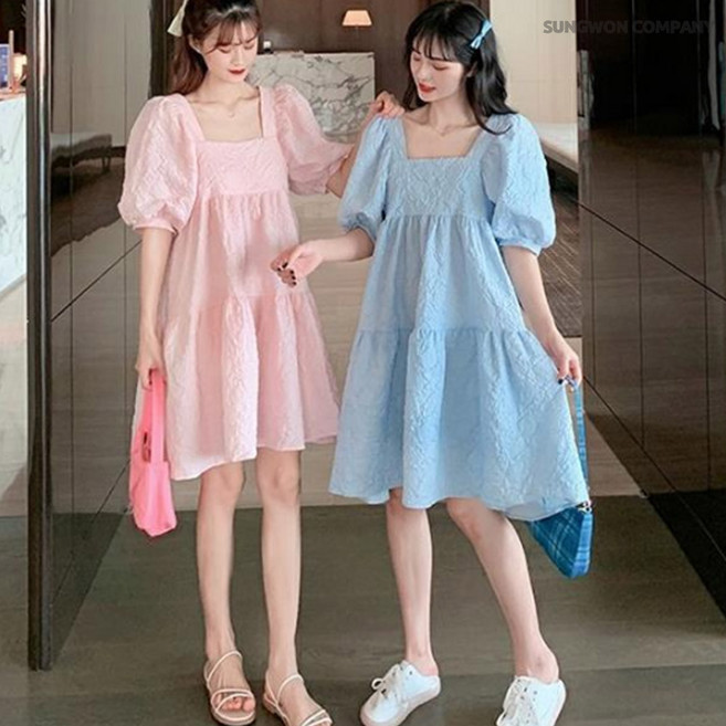 이너퀸 프리수 여성용 빅사이즈 퍼프 소매 반팔 반소매 스퀘어넥 자가드 엠보 패턴 캉캉 벌룬 베이비돌 A라인 미니 숏 원피스 퍼프패턴원피스