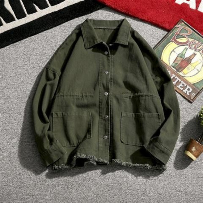 日系復古夾克男士2025春季寬鬆大碼軍綠色牛仔衣學生潮流胖子外套