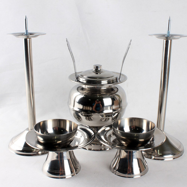 동신 스텐 향로세트 불통 1개 촛대 2개 잔대 2개 잔알 2개 제사 제기, 1세트