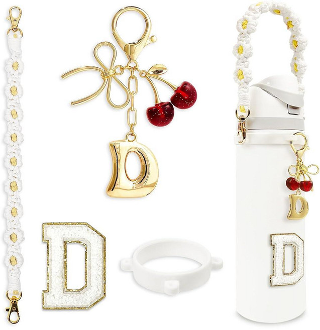 BydGxy Owala FreeSip & Tumbler용 체리 리본 나비매듭 레터 참 맞춤형 이니셜 물병 손잡이 액세서리 프레피 스타일 선물 화이트 - M 174737, 글자 D