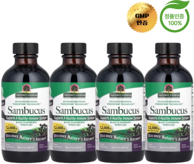 2+2 네이처스 앤서 삼부커스 면역 블랙 엘더베리 알코올 무함유 2500mg 120ml, 4개 - 쿠팡