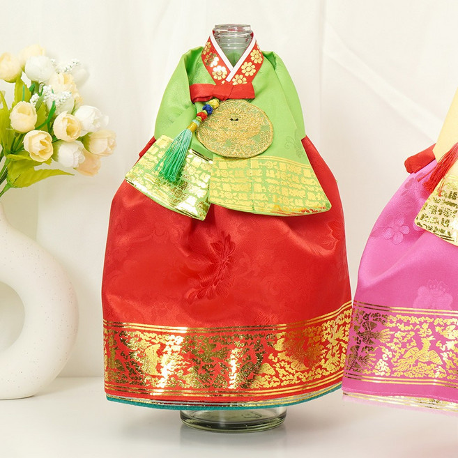 인테리어 소품 외국인선물 전통 남녀 한복 미니어처 신랑 신부 오브제 와인커버, HM05-LG(연두)