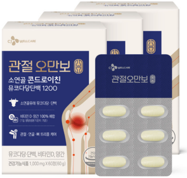 CJ웰케어 관절오만보 소연골 콘드로이친 뮤코다당단백 1200 60정 3박스, 3개