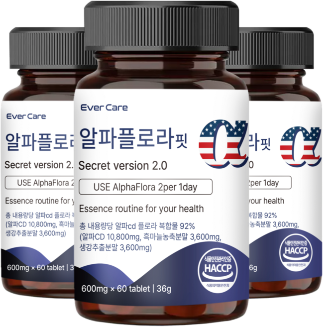 알파플로라 흑마늘생강플로라 알파cd 국내특허원료 함유 식약청인증 100% 정품, 3개, 60정