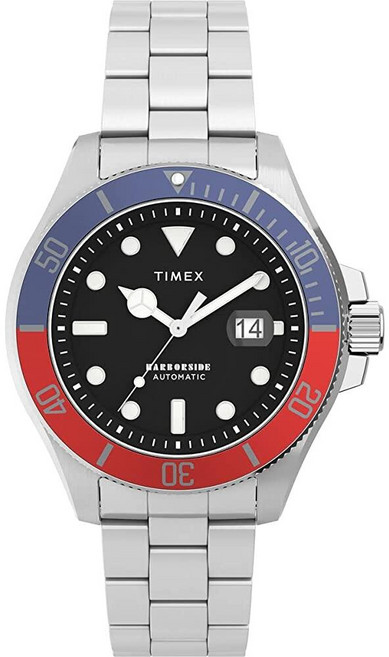 Timex 남성용 하버사이드 코스트 오토매틱 44mm 시계 실버톤/블루 모던. 202859