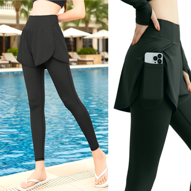 이지엘리 비치팬츠 워터레깅스 일체형 래쉬가드 하의, 올블랙