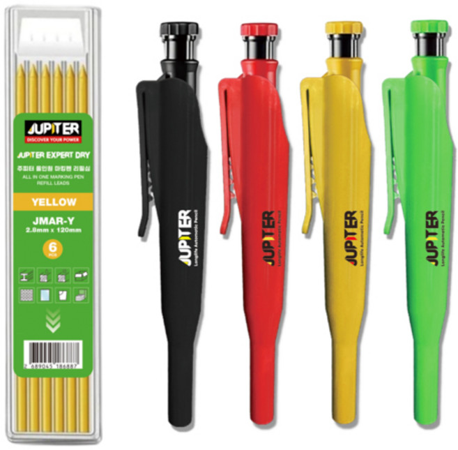 주피터 마킹펜 마커 목공펜 샤프 마킹펜 + 리필 심 세트 빨간색 초록색 노란색 검은색 DIY 산업용 공사용 목공용 피카 페스툴 엑스퍼트 호환 색상랜덤, 주피터마킹펜+주피터 리필심 JMAR-Y (옐로우) 1팩, 1개