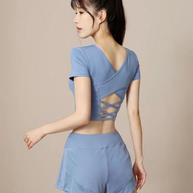 運動套裝女 胖mm 薄款 透氣 瑜伽 速干 健身服, 1個, 藍色上衣+褲子【送防水袋】熱賣中2XL【建議135-150斤】