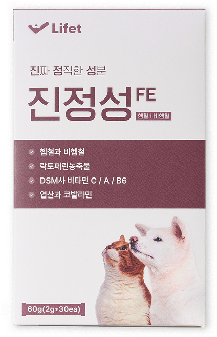 진정성 FE 빈혈 영양제 강아지 고양이 철분 락토페린 신부전 임신 출산, 1개, 혈액순환, 30회분