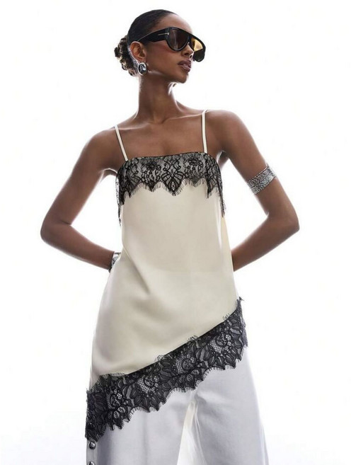 레이스 트리밍 접합 섹시 언밸런스 여성 캐미손 롱 원피스