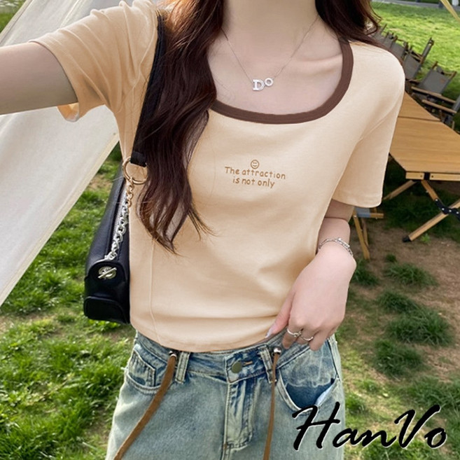 HanVo 笑臉英文U型領撞色上衣 親膚顯瘦短版T恤 韓版簡約日常女裝