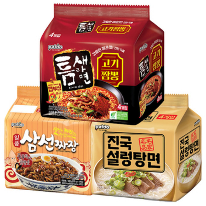 틈새라면고기짬뽕4봉+일품삼선짜장4봉+진국설렁탕면4봉, 1세트