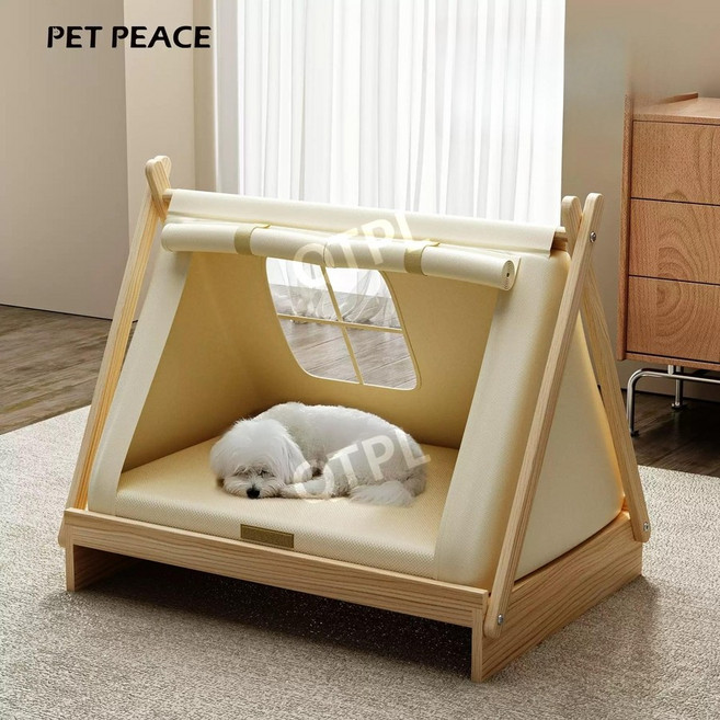 Petpeace 소형견 원목 텐트형 반려동물 침대 사계절 사용 가능 안전한 반밀폐형 강아지 하우스, 1개