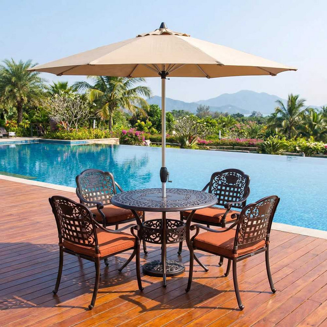 프리미엄 빈티지 야외 4인 파라솔 주물 철제 원형 테이블 세트 앤틱 레트로 알루미늄 정원, 블랙 90cm 테이블 + 의자 4개 +파라솔