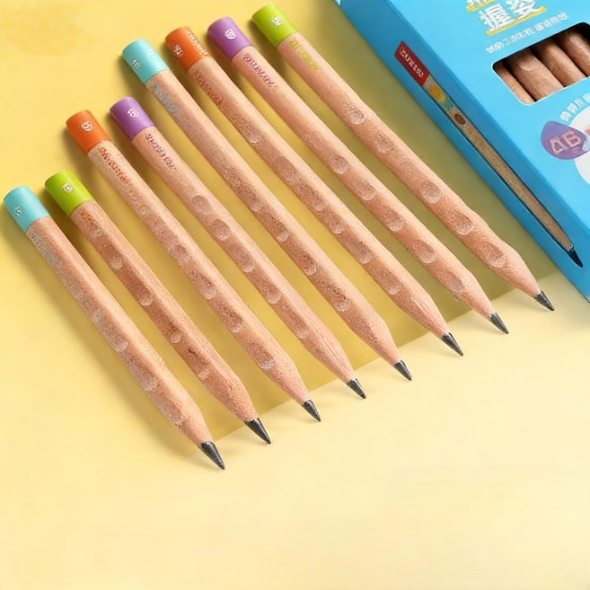 兒童洞洞鉛筆 幼兒園2b粗桿 一年級小學生 練字筆 初學者4b6b, 16個裝, 16支【6B】兩盒, 原木色