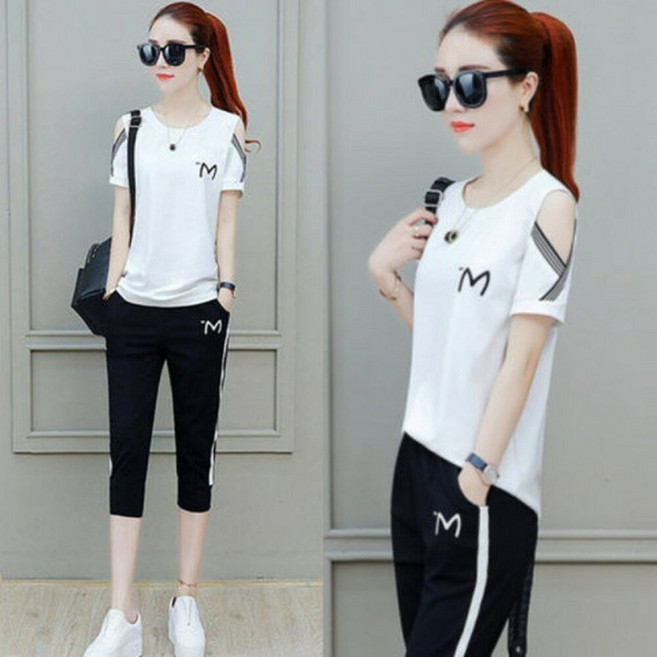 運動休閒套裝 兩件式露肩短袖七分褲