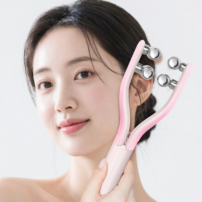 LOMESO 페이스롤러 얼굴 마사지기 V라인 홈 케어 리프팅 탄력케어 브이롤러 EMS 미세전류, 핑크