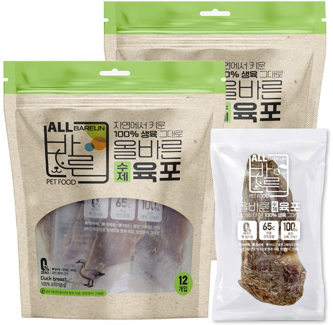 올바른 수제 육포 무첨가 100% 가슴살 강아지 간식, 오리, 120g, 2개