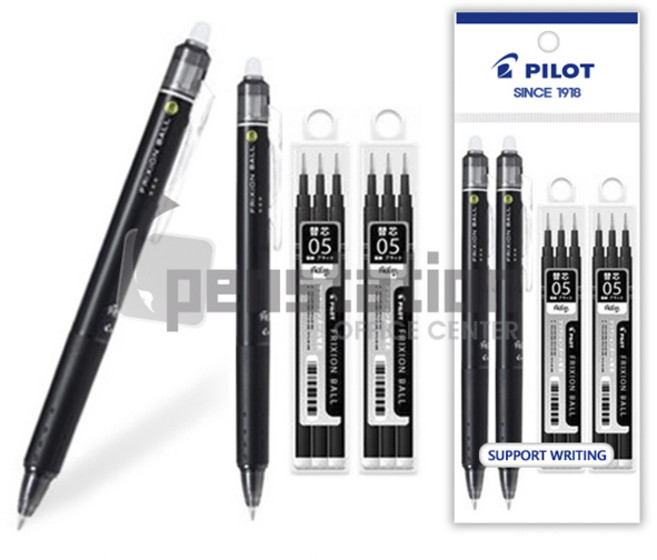 파이롯트 프릭션 노크 지워지는 볼펜 흑색 + 흑색 리필 세트, 0.5mm흑색 2자루+리필 흑색(3본입)2개 세트