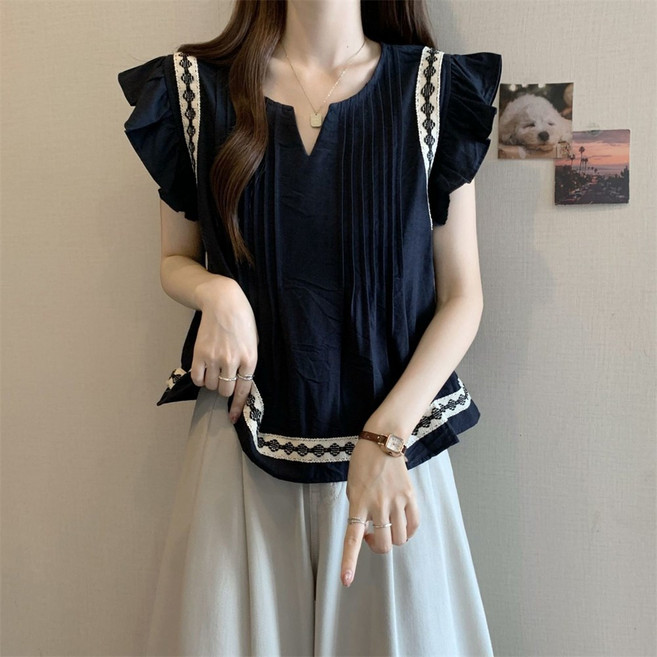 여성티셔츠 반팔티 블라우스 프릴 레이스 브이넥 루즈핏 데일리 캐주얼 베이직 여름 블라우스 ZBW0407 40
