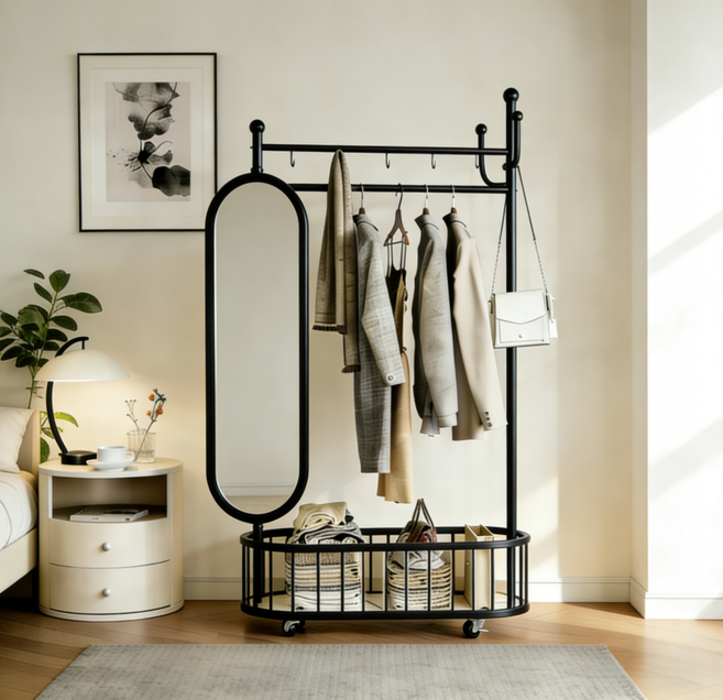 GOOD MOMENT 이동식 튼튼한 스탠드 조립식 거울 옷걸이 행거, 2단, 블랙