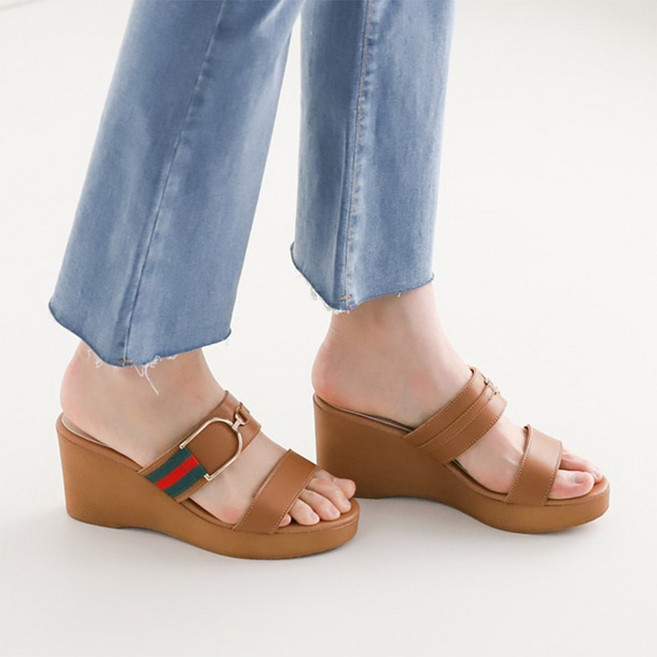 골드 장식 스트랩 여성 웨지힐 슬리퍼 7cm/ 여자 사무실 통굽 여름 신발 뮬 슬리퍼 샌들 사무실 슬리퍼