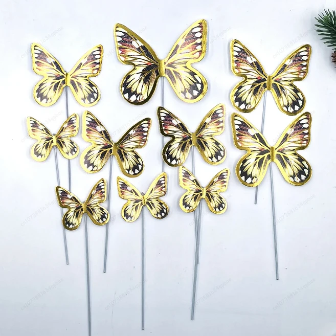 보라색 분홍색 나비 케이크 장식 생일 축하 토퍼 웨딩 파티 디저트 베이킹, 03 10pcs Gold