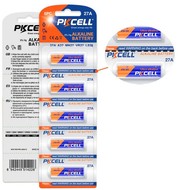 PKCELL 픽셀 알카라인 27A 12V 건전지 카드포장, 5알