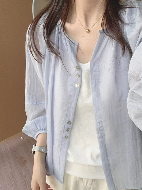 法式溫柔紫天絲亞麻防曬襯衫女夏薄款外搭罩衫寬鬆燈籠袖襯衣外套