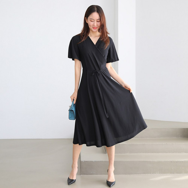 프롬코 여성 여름 시원한 반팔 랩 저지 플레어 롱 원피스 FRC56