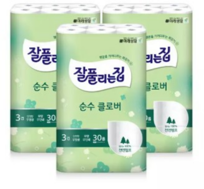잘풀리는집 순수클로버 천연펄프 3겹 화장지, 3개, 30롤, 30m