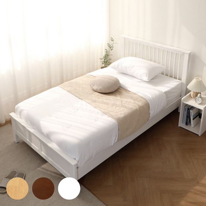 바네스데코 센토 고무나무 원목 침대 프레임, 원목 통깔판, 화이트