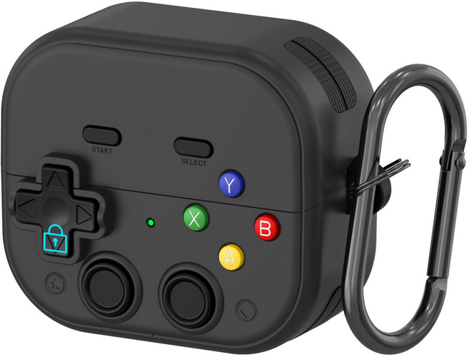 【GS 3C】 防開蓋 遊戲機造型 耳機 保護套 保護殼 防摔殼 耳機殼 附登山扣環 防遺失, 黑色_Buds 3/3Pro/FE, 1個