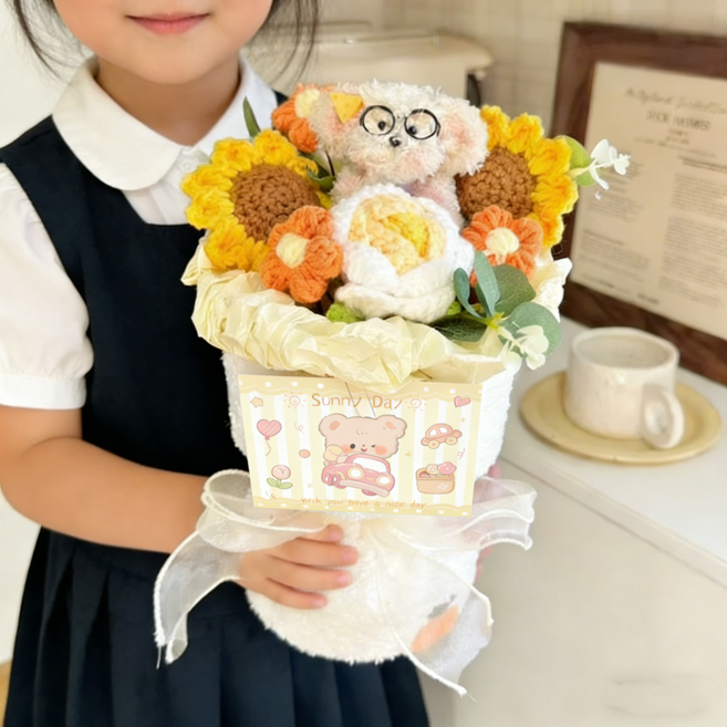 에이치엠데코 인형꽃다발 졸업식 꽃다발 모루 댕댕이 니트 꽃다발+ 쇼핑백, 옐로우 한 마리, 1개