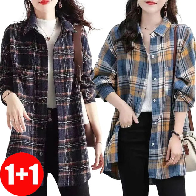 지고다그 1+1여성 빅사이즈 체크 셔츠 루즈핏 롱기장 남방 봄가을 캐주얼 아우터 YU8157