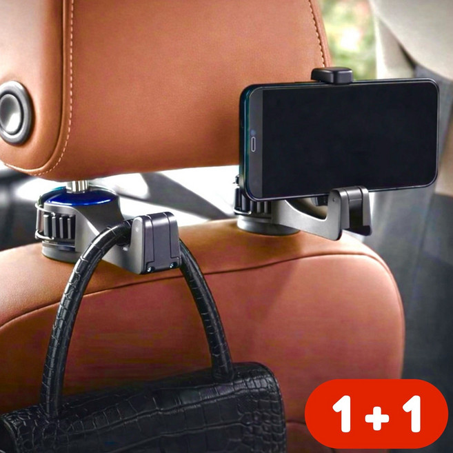 [1+1] 차량용 다용도 걸이 핸드폰 거치대 자동차 헤드레스트 후크 뒷자석 수납 정리용품, 블랙, 2개