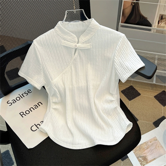 VEZRI 여성 여름 스탠드 칼라 중국풍 버튼 반팔 티셔츠 주름 웨이스트 디자인 F88