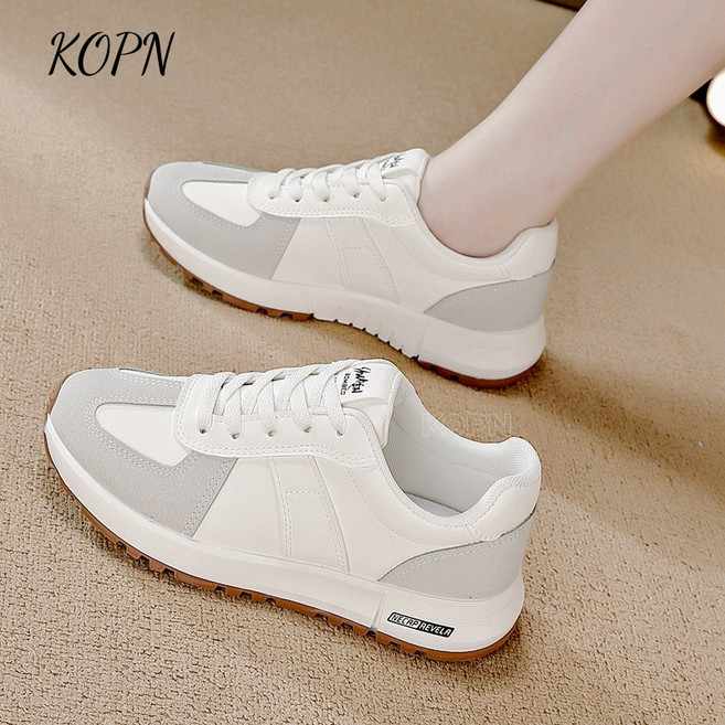 KOPN 큰 사이즈 봄 가을 가죽 미끄럼 방지 아칸화 캐주얼 운동화 백합 러닝화 여자