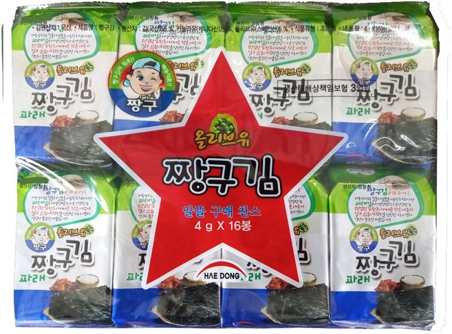 해동 도시락짱구김 조미김 파래김, 64g, 2개