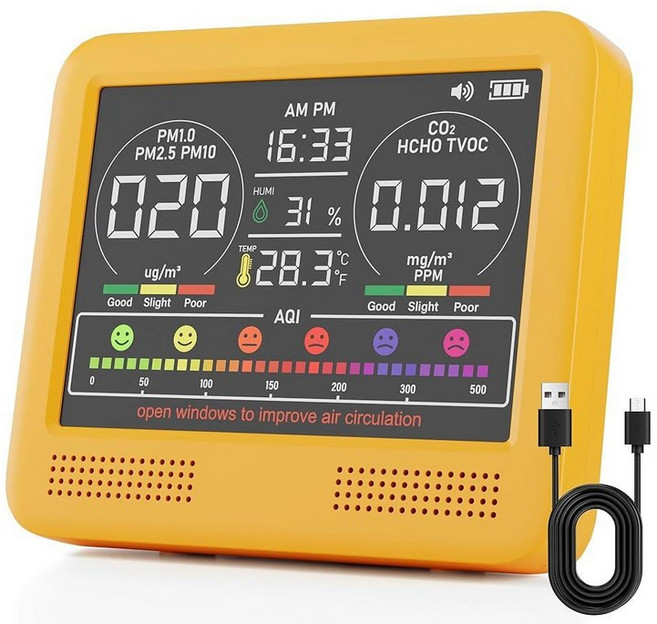 16 in 1 Indoor Air Quality Monitor with PM1.0PM2.5PM10CO2HCHOTVOCTemperatureHumidityTime Display &, Lemon Yellow